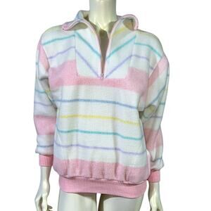 Vintage 80s Randy Hall Pastel Striped Fuzzy Half-Zip Pullover Sweater Medium